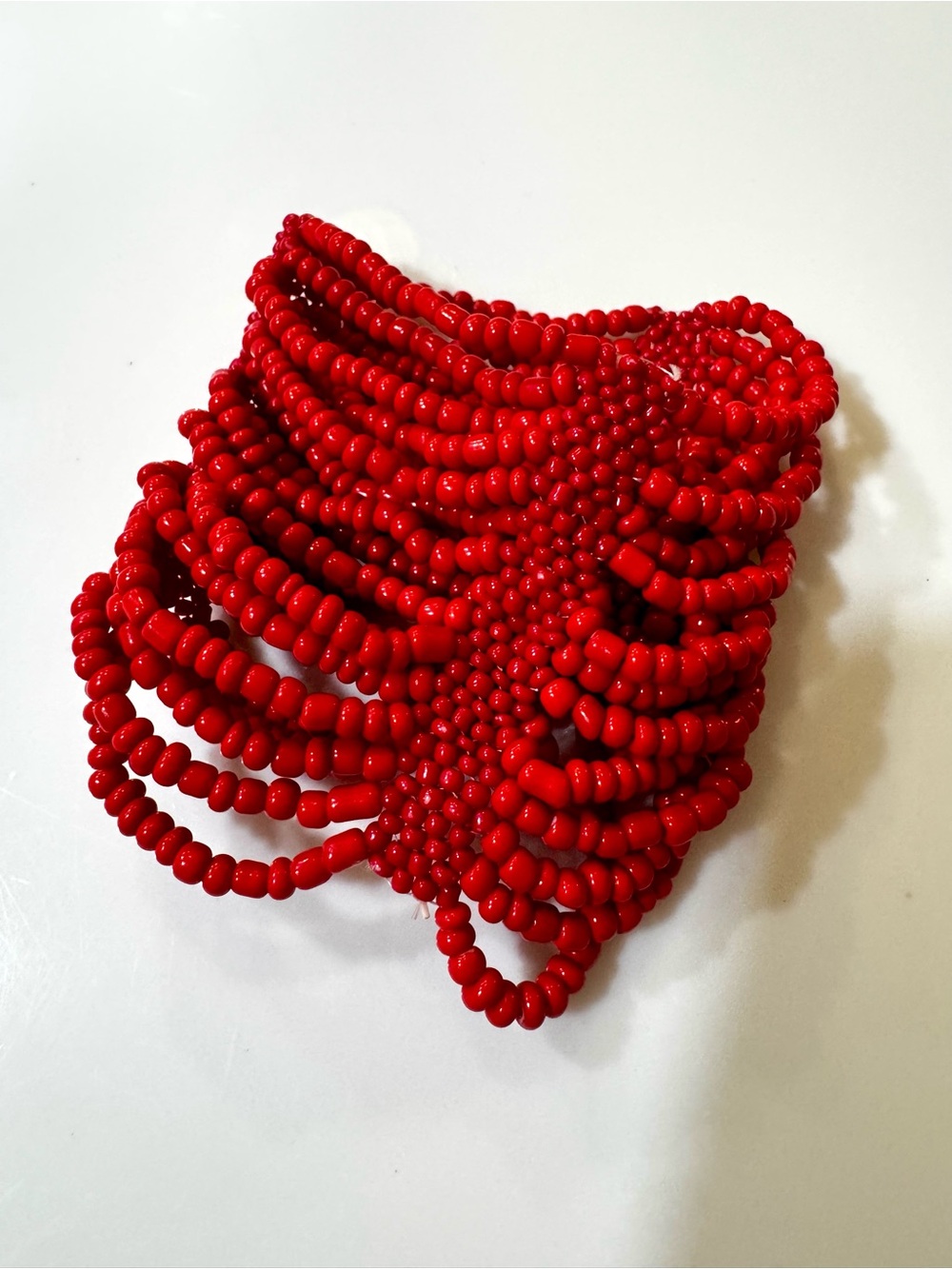 Red Multi-Strand Seed Bead Stretch Cuff Bracelet Wide Statement